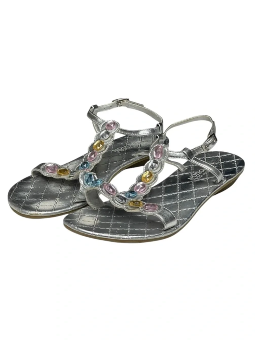 Reaction Kenneth Cole 𖦹 Crystal T Strap Flat Sandals 𖦹 Silver + Crystals 𖦹 2M